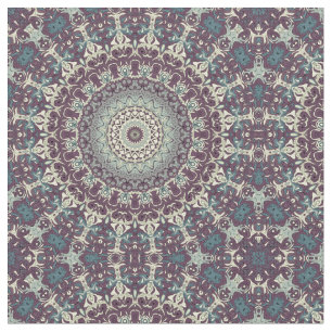 Tecido Padrão de Mandala Roxo Turquesa e Creme