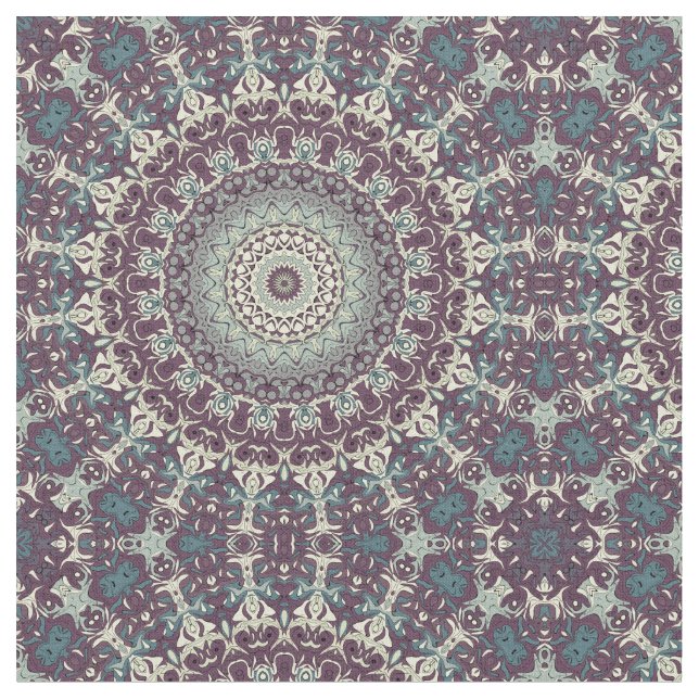 Tecido Padrão de Mandala Roxo Turquesa e Creme (Detalhe)