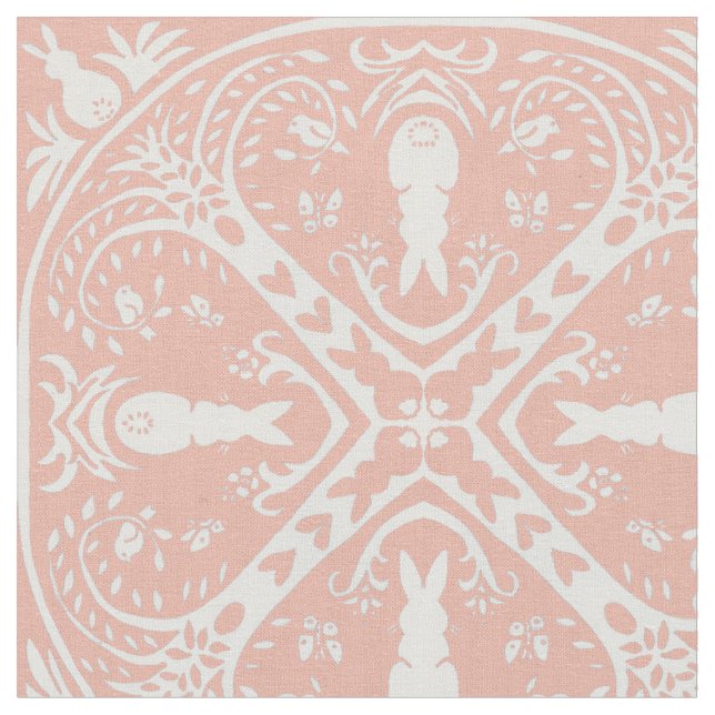 Tecido Padrão de Medalhão de Coelho Branco e Rosa Esbranq (Detalhe)