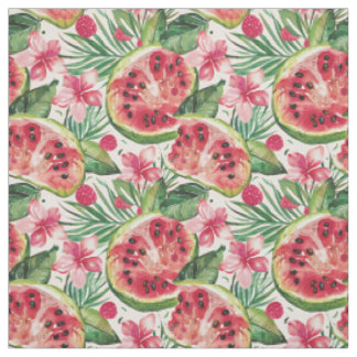 Tecido Padrão de Melancia e Flores Tropicais em Aquarela