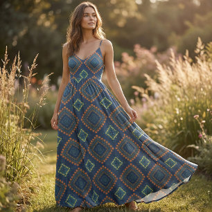 Tecido Padrão de Mosaico Chic do Folk Étnico Azul Profu