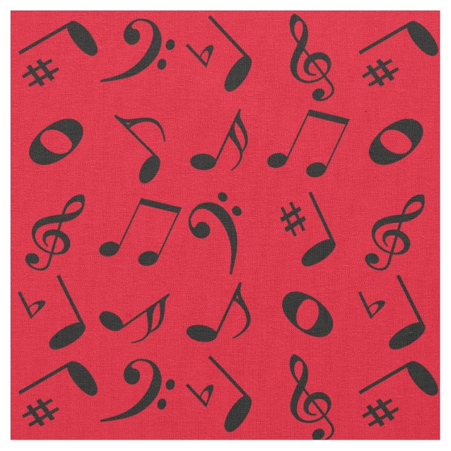 Tecido Padrão de notas de música preto angular em vermelh (Detalhe)