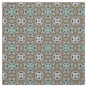 Tecido Padrão de Ochre Brown Green Cinza Retro Nouveau De