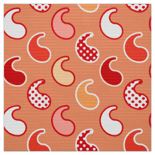 Tecido Padrão de Paisley Moderno, Laranja Coral e Branco