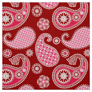 Tecido Padrão de Paisley, Vermelho Escuro, Rosa e Branco