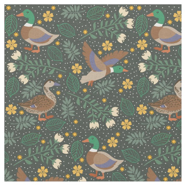 Tecido Padrão de Patos Folclóricos Verdes (Detalhe)