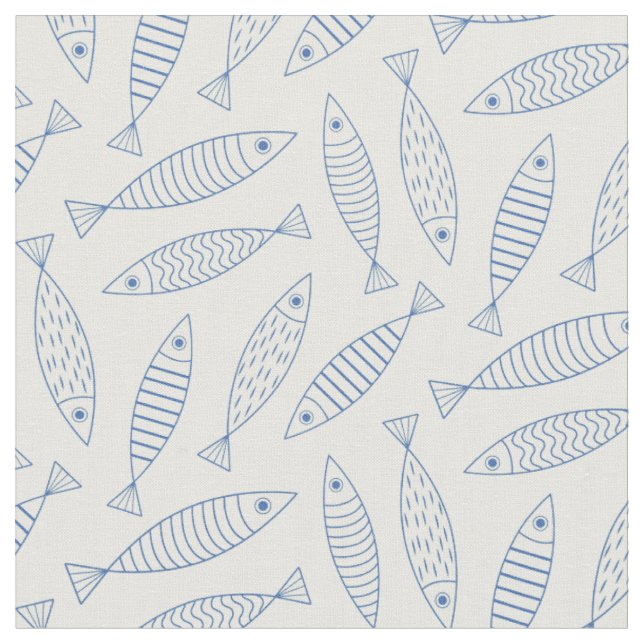 Tecido Padrão de Peixe Sardinha Azul Doodle Esboçado (Detalhe)