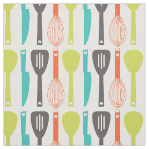 Tecido Padrão de Utensílios de Cozinha Laranja Verde e
