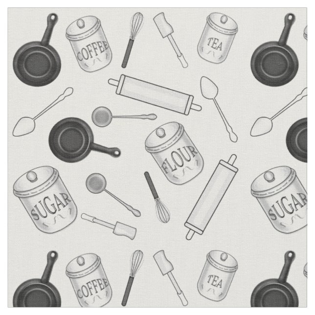 Tecido Padrão de Utensílios de cozinha - preto e branco (Detalhe)