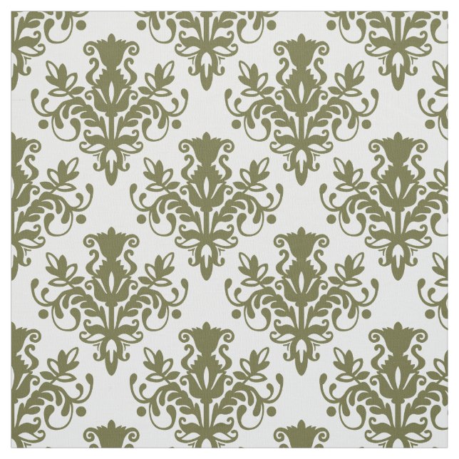 Tecido Padrão do Damask 02 - Oliva Profunda em Branco (Modelo)