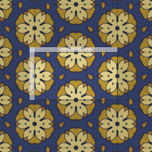 Tecido Padrão Dourado e Azul Floral e Teardrop