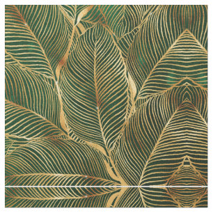 Tecido Padrão Elegante Verde de Folhas Douradas 