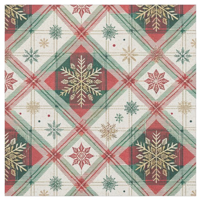 Tecido Padrão Festivo de Xadrez Escocês com Floco de Neve (Detalhe)