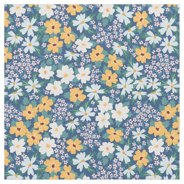 Tecido Padrão Floral Amarelo Branco Azul (Detalhe)