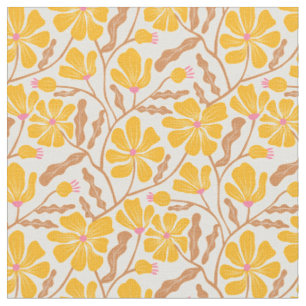 Tecido Padrão Floral Amarelo Moderno de Meados do Século