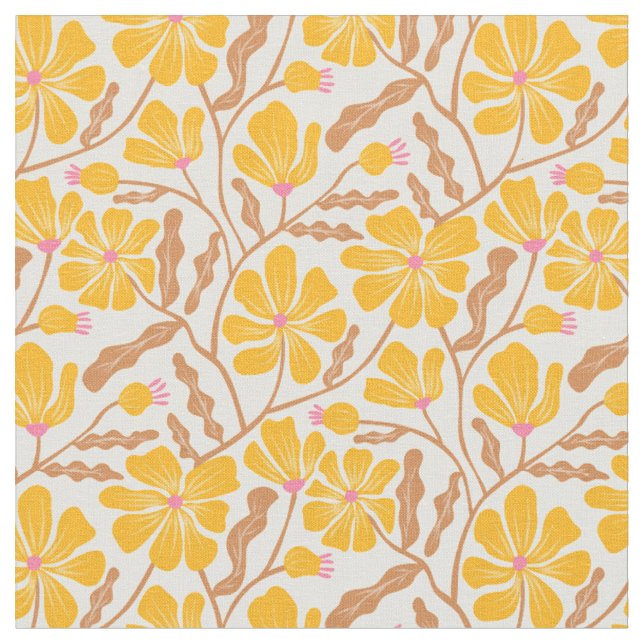 Tecido Padrão Floral Amarelo Moderno de Meados do Século (Detalhe)