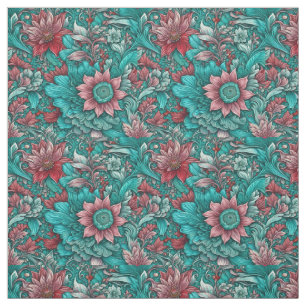 Tecido Padrão Floral, Aqua, Teal, Turquesa e Cinzas