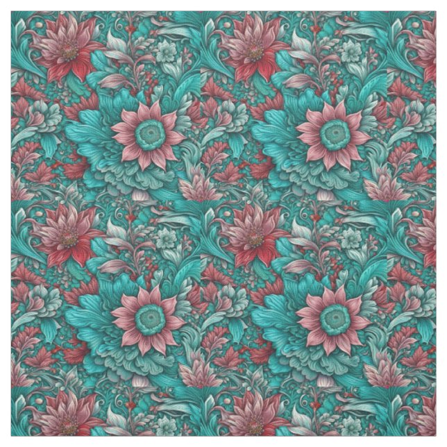 Tecido Padrão Floral, Aqua, Teal, Turquesa e Cinzas (Modelo)