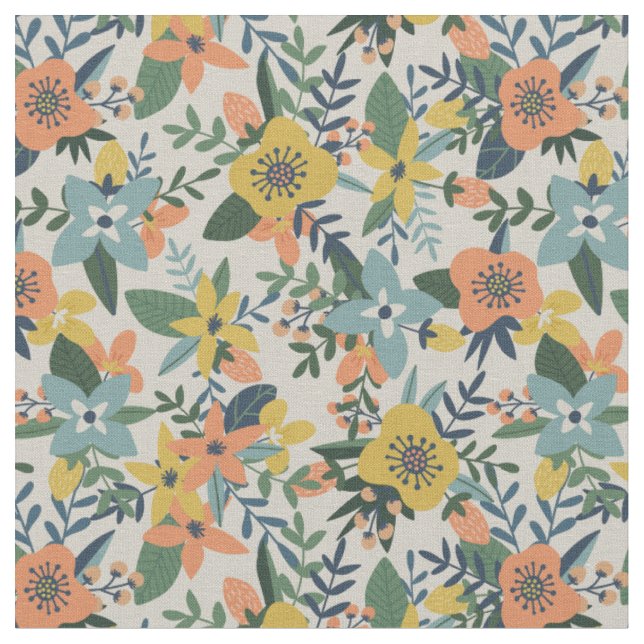 Tecido Padrão Floral Azul Amarelo-Retro (Detalhe)