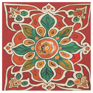 Tecido Padrão Floral Azulejos Azulejos Amarelo Verde Verm