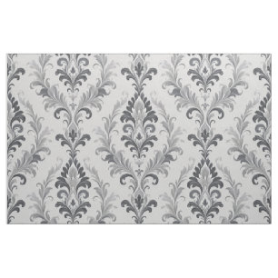 Tecido Padrão Floral Barroco em Cinza Prateado Damask