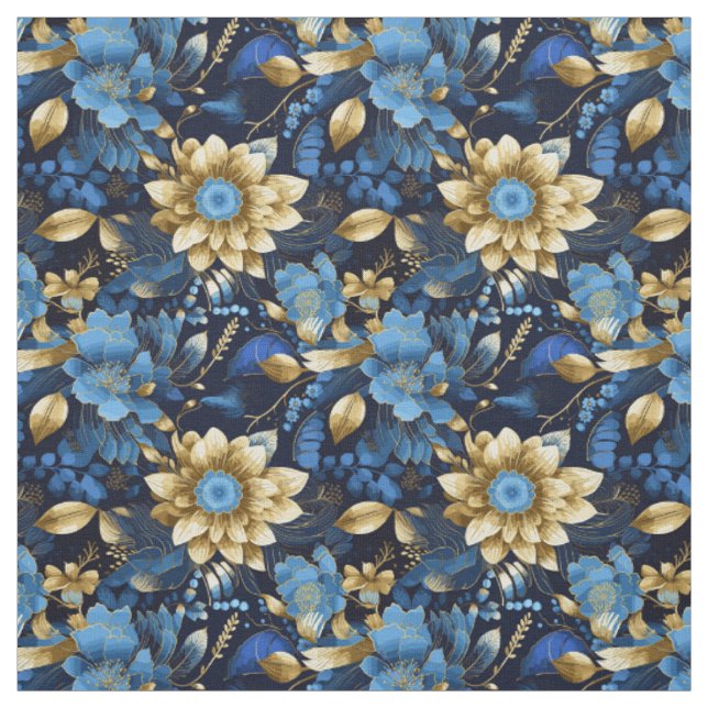 Tecido Padrão Floral Boho Azul e Dourado Elegante (Modelo)