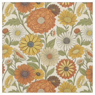 Tecido Padrão Floral Boho Laranja Amarelo Retro dos Anos