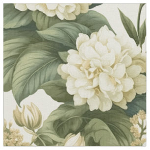 Tecido Padrão floral clássico de verde-azeitona branco ma