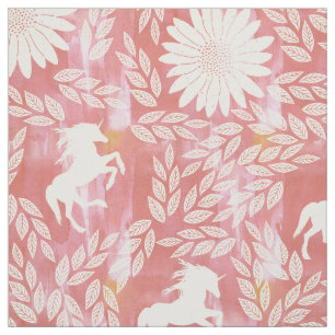 Tecido Padrão Floral Coral, Rosa e Unicórnio do Marfim