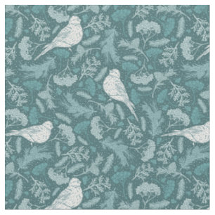 Tecido Padrão Floral de Aves Brancas de inverno Verde Br
