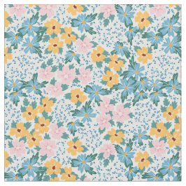 Tecido Padrão Floral de Flores Amarelas Azuis Rosa