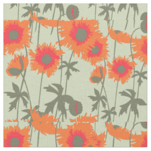 Tecido Padrão floral de poppy art ranhurado laranja esti