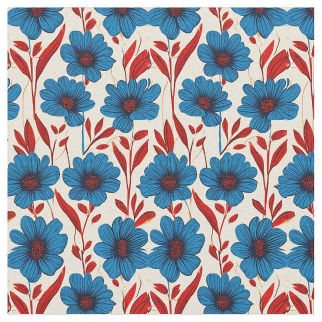 Tecido Padrão Floral Elegante com Flores Azuis Vibrantes (Detalhe)