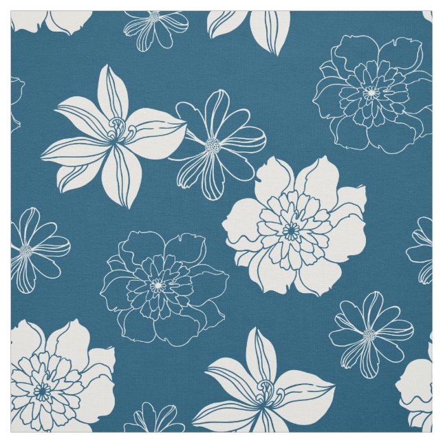 Tecido Padrão Floral Gráfico Branco e Azul (Modelo)