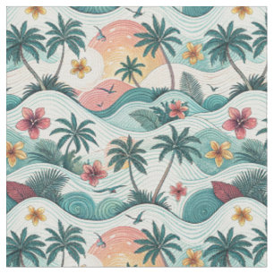 Tecido Padrão Floral Havaiano de Ondas do Oceano na Praia