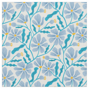 Tecido Padrão Floral Moderno de Meados do Século Azul