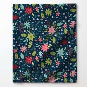 Tecido Padrão Floral Natalino Botânico Festivo Azul Marin