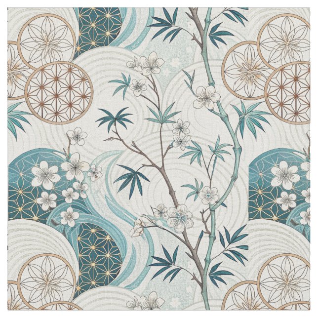 Tecido Padrão Floral Tradicional de Flor de Bambu Japonês (Detalhe)