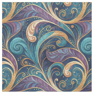 Tecido Padrão Floral Turbilhão Dourado e Barroco Roxo Azu