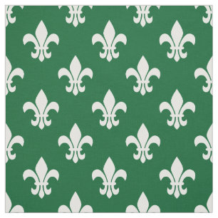 Tecido Padrão Florestal Verde, Fleur De Lis Branco