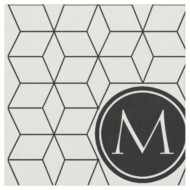 Tecido Padrão geométrico e monograma preto e branco (Detalhe)