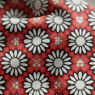 Tecido Padrão Geométrico Floral de Na moda Branco e Verme