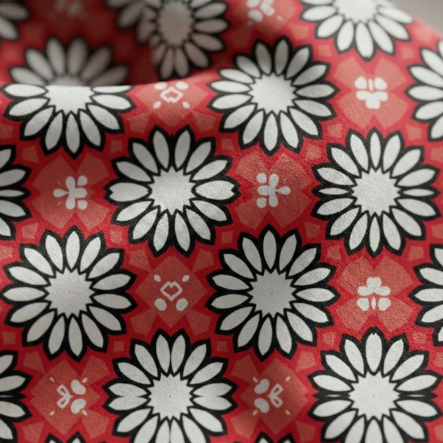 Tecido Padrão Geométrico Floral de Na moda Branco e Verme (Criador carregado)
