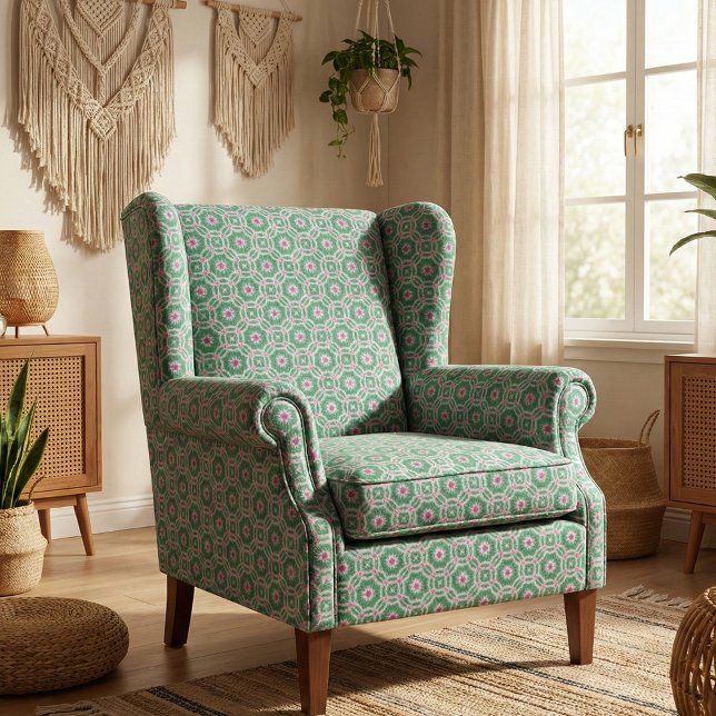 Tecido Padrão geométrico marroquino verde branco e cor-de (Criador carregado)