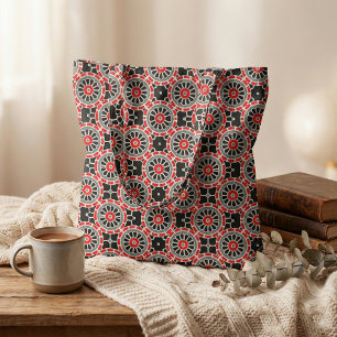 Tecido Padrão Geométrico Mosaico Vermelho Negro Branco e 