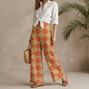 Tecido Padrão Geométrico Oriental Vermelho e Amarelo