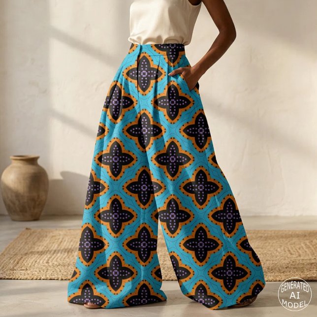 Tecido Padrão Geométrico Preto Laranja Turquesa Retro (Criador carregado)