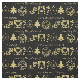 Tecido Padrão Icônico Natal Dourado/Feriado Negro