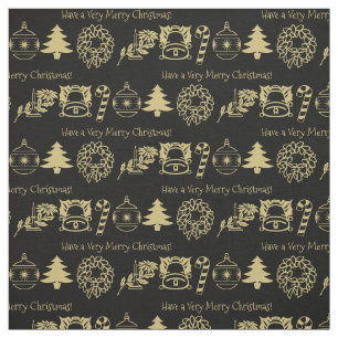 Tecido Padrão Icônico Natal Dourado/Feriado Negro