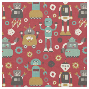 Tecido Padrão Ilustrado de Robôs Retro Diversos (Vermelho